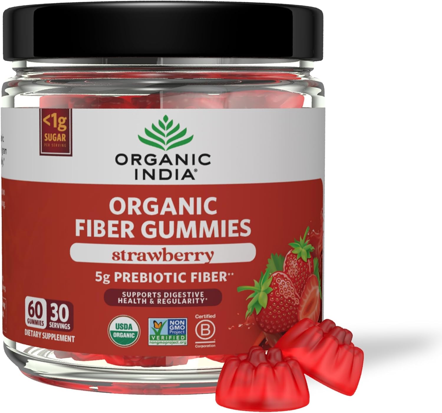 ORGANIC INDIA Fiber Gummies for Adults, Vegan, Strawberry, 60 Gummies