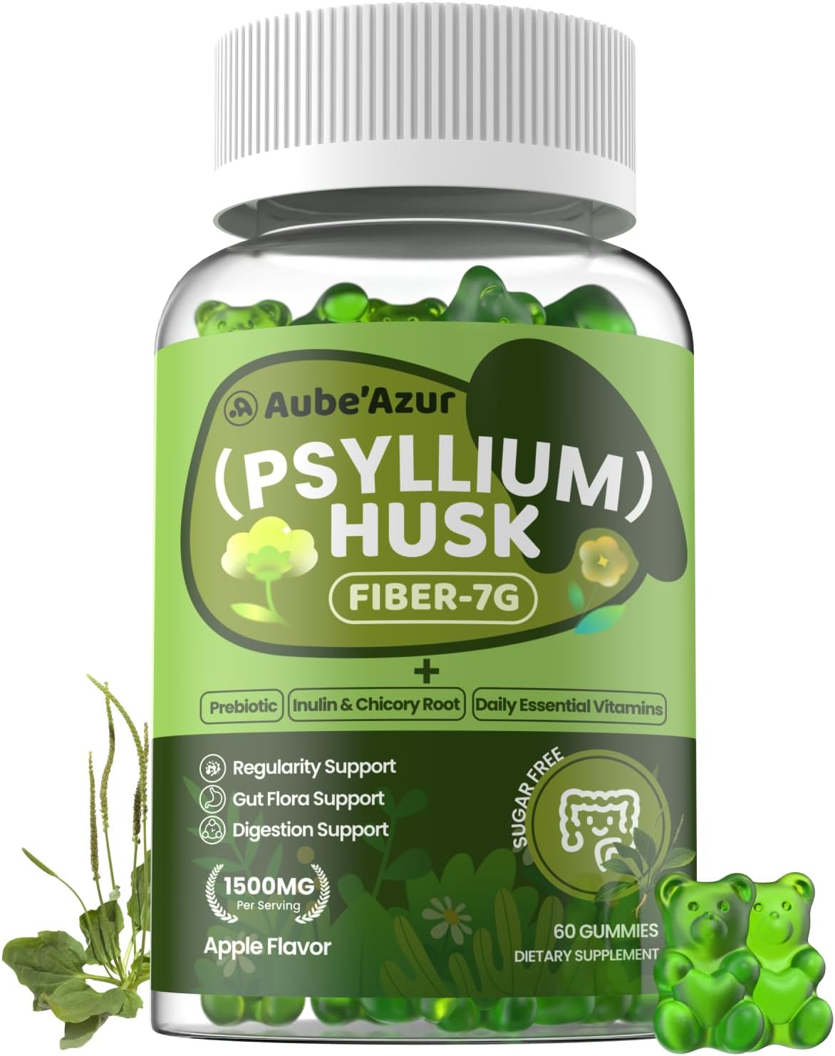 Psyllium Husk + Fiber Gummies for Women Adults, Sugar Free, 60 Gummies