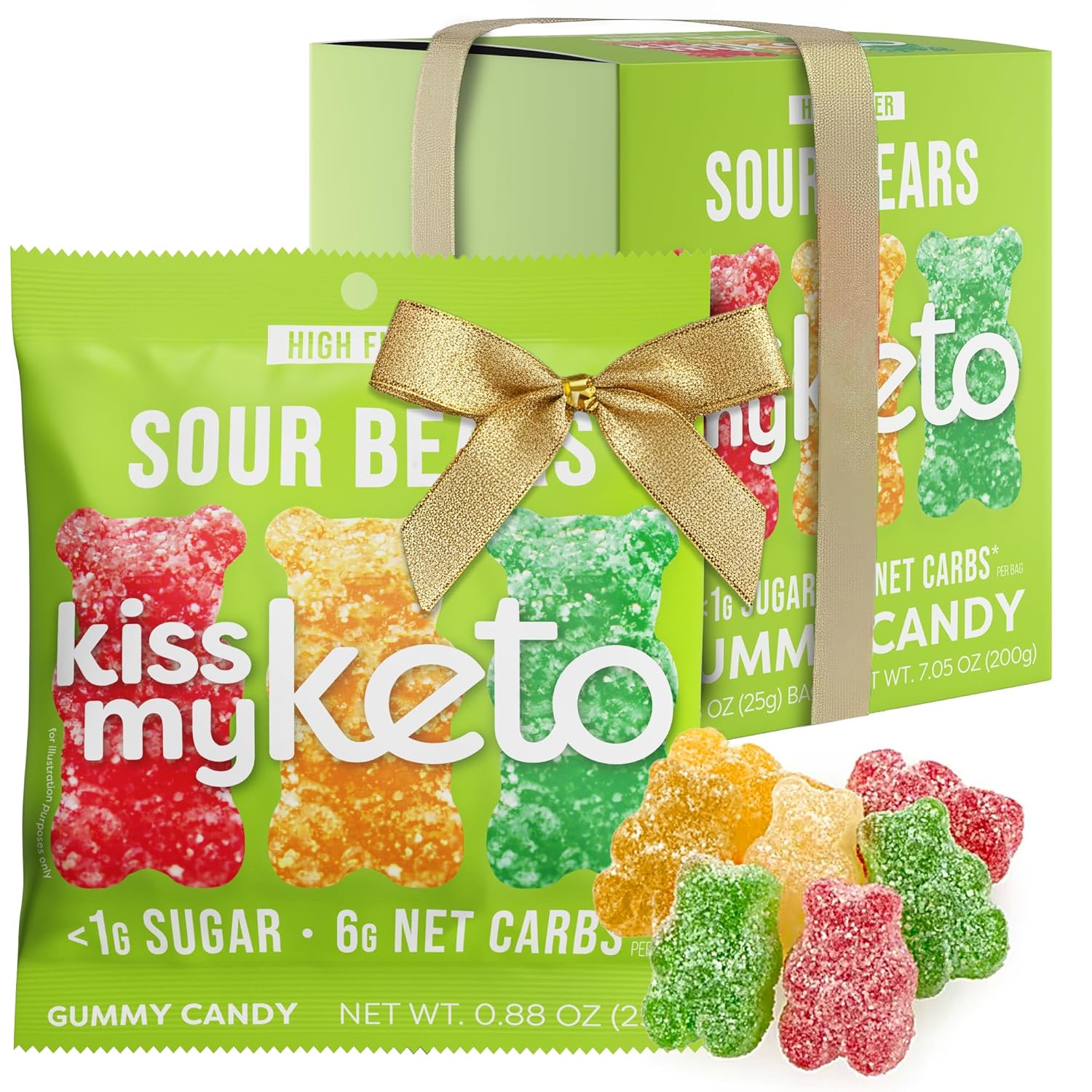 Kiss My Keto Sour Sugar Free Gummy Bears, 8-Pack Satisfy Cravings while Staying in Ketosis High Fiber,