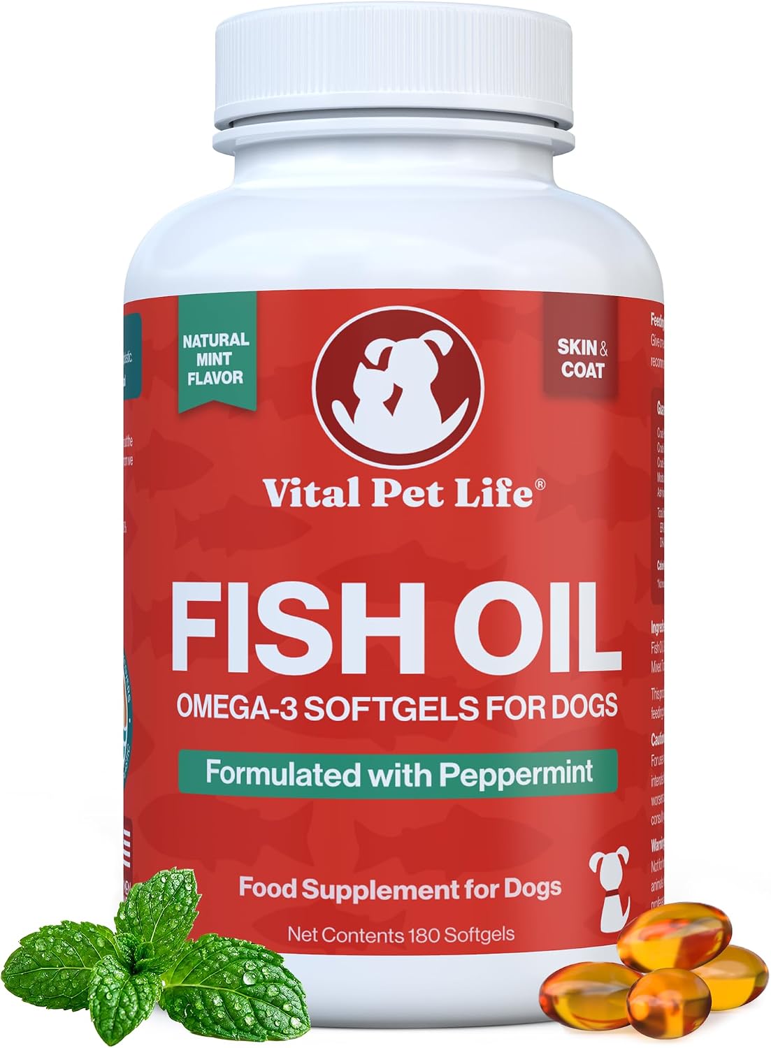 Fish Oil for Dogs, Minty Fresh Breath, Healthy Skin & Coat, 180 Softgels
