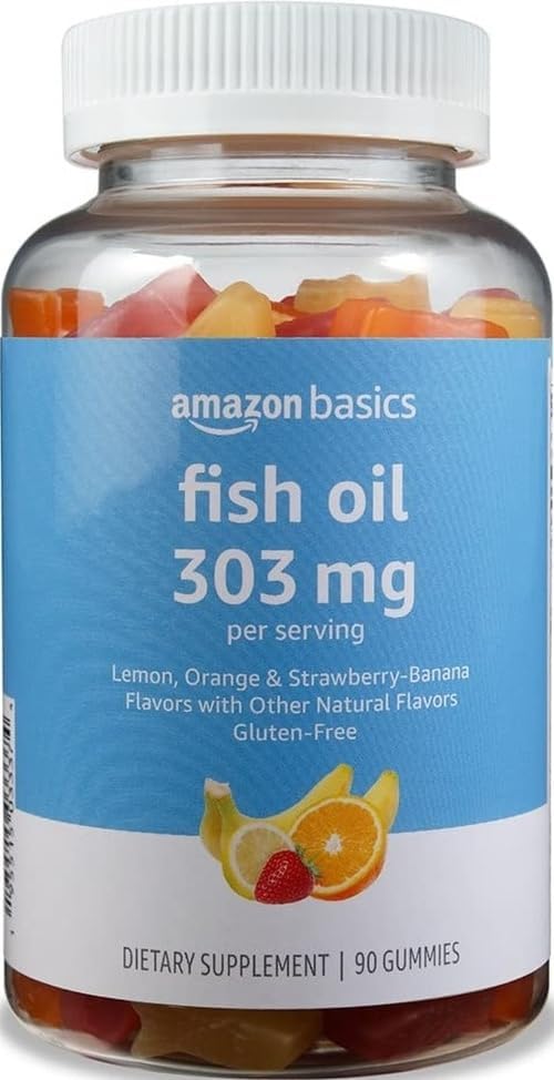 Amazon Basics Fish Oil 303 mg, Soft Chew Gummies, Lemon, Orange & Strawberry-Banana Flavors, 90