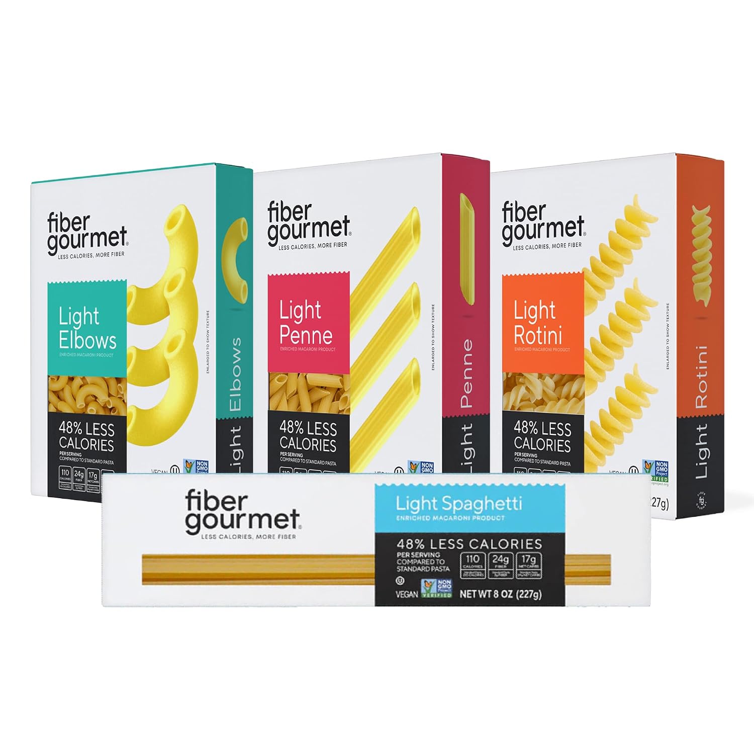 Fiber Gourmet Low Carb Pasta Variety Pack- Spaghetti, Rotini, Penne, Elbows