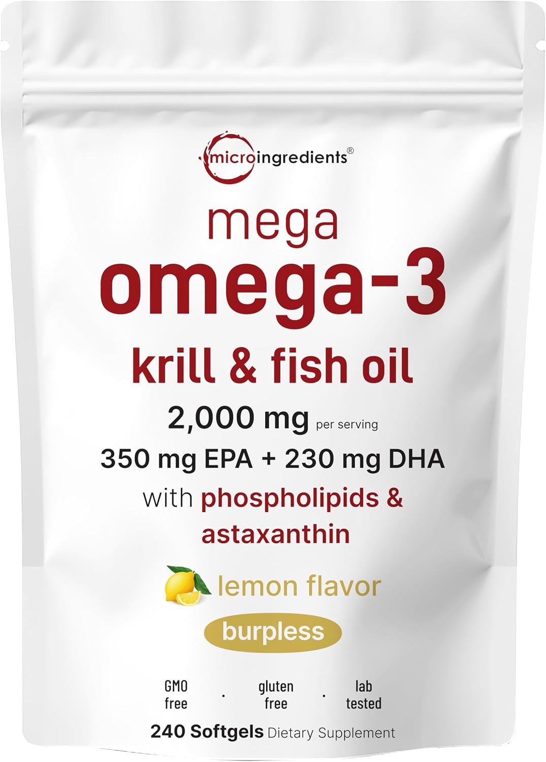 Mega Omega-3 Krill & Fish Oil 2,000mg Equivalent, 240 Softgels | Lemon Flavored | Burpless | Essential
