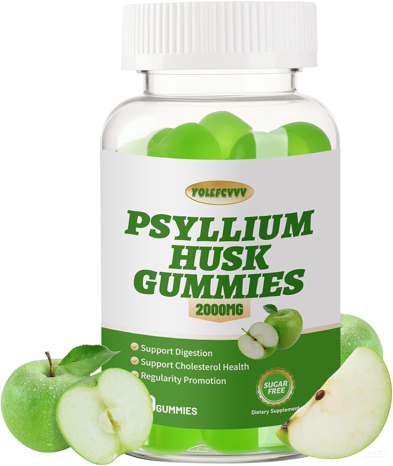2000mg Psyllium Husk Fiber Gummies for Adults,Sugar Free,Green Apple Flavor
