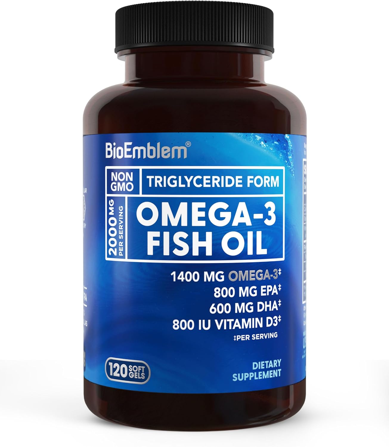 BioEmblem Omega-3 Fish Oil 2000mg Per Serving with Vitamin D3-120 Ct