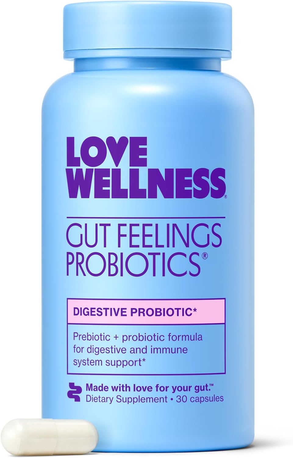 Love Wellness Gut Feelings Probiotic| Prebiotic + Postbiotic| 3B CFU| 30 Ct