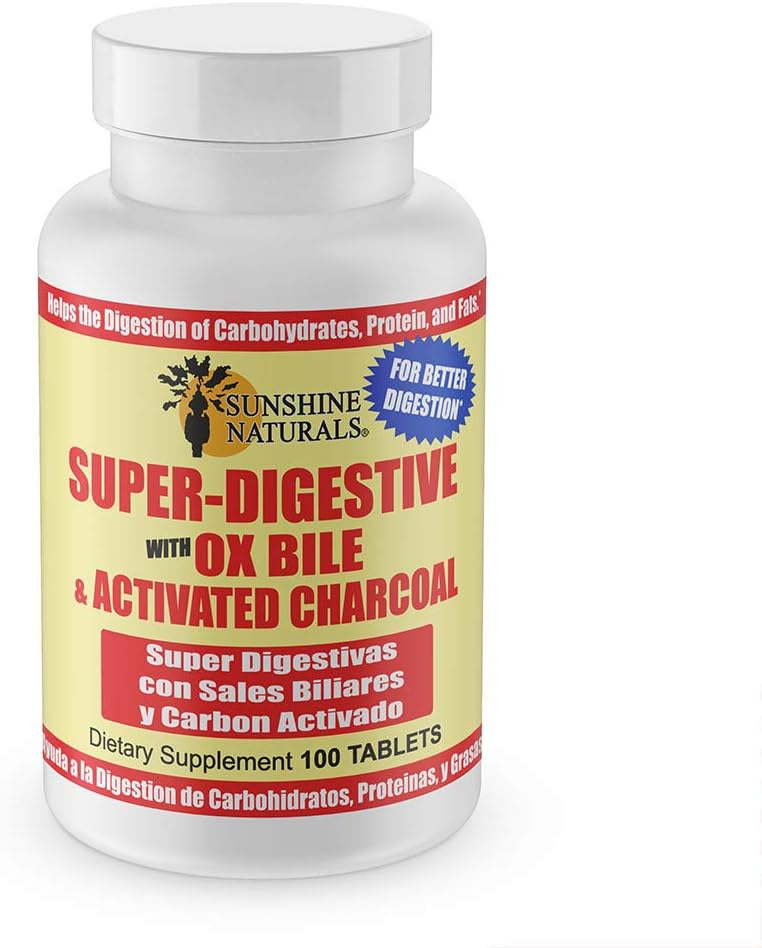 Sunshine Naturals Super Digestive Supplement. Ox Bile & Activated Charcoal for Digestive Support,