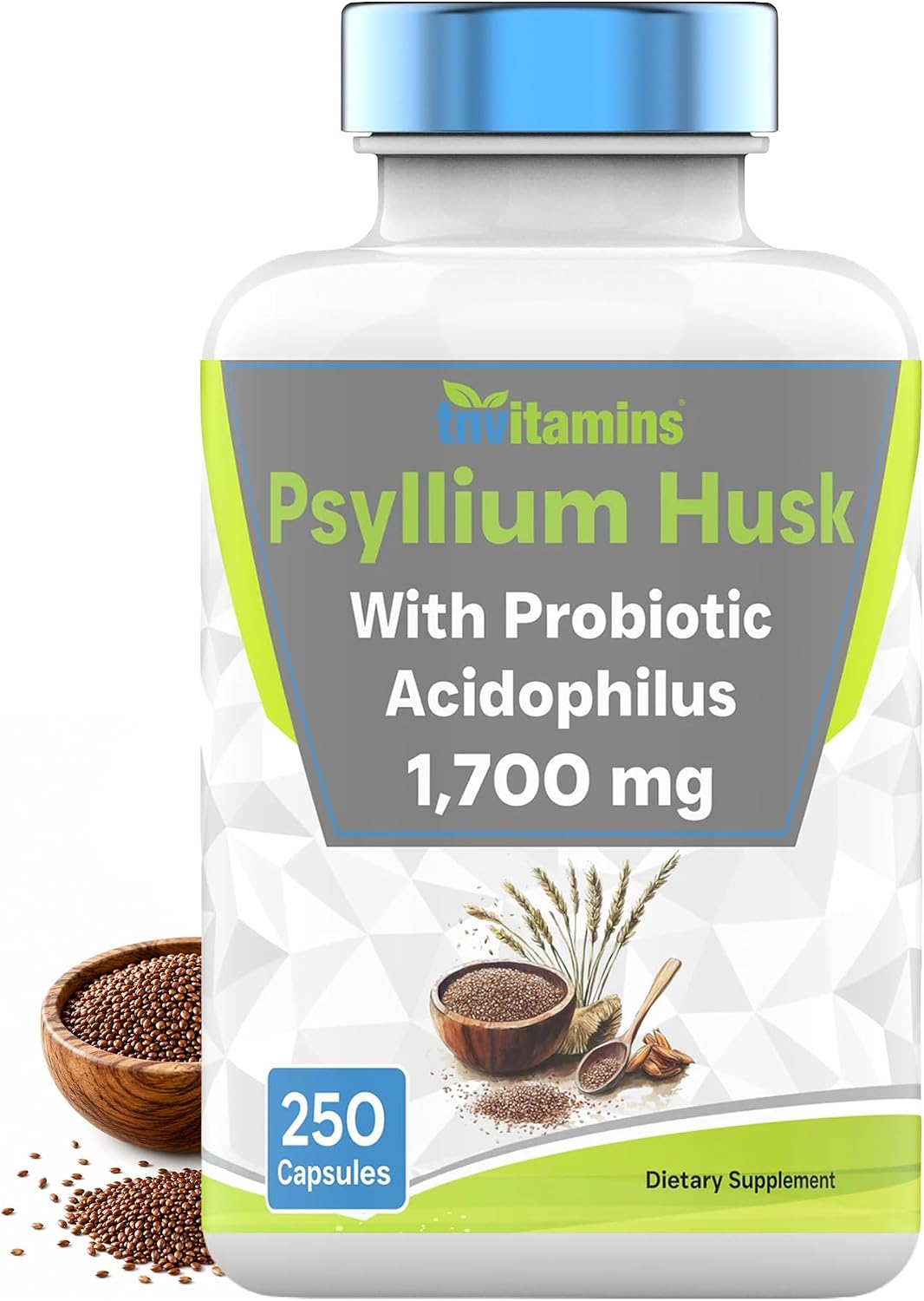 tnvitamins Psyllium Husk Capsules | 1700 MG – 250 Capsules | with Probiotic Acidophilus | Extra