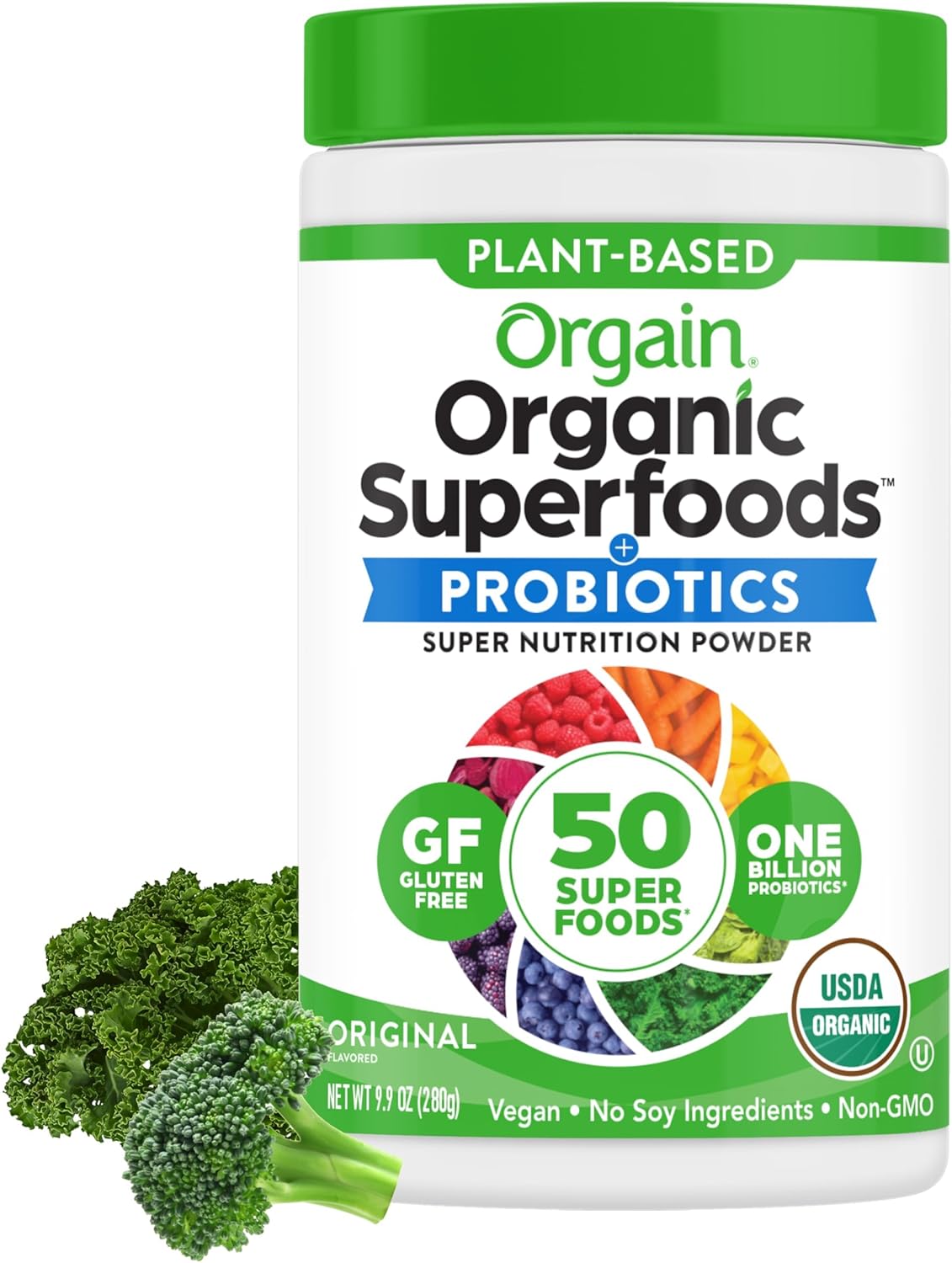 Orgain Organic Greens Powder + 50 Superfoods, Original – 1 Billion Probiotics for Digestive Health,