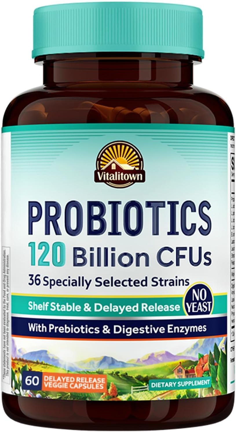 Vitalitown Probiotics 120 Billion CFUs | 36 Strains, with Prebiotics & Digestive Enzymes | Shelf