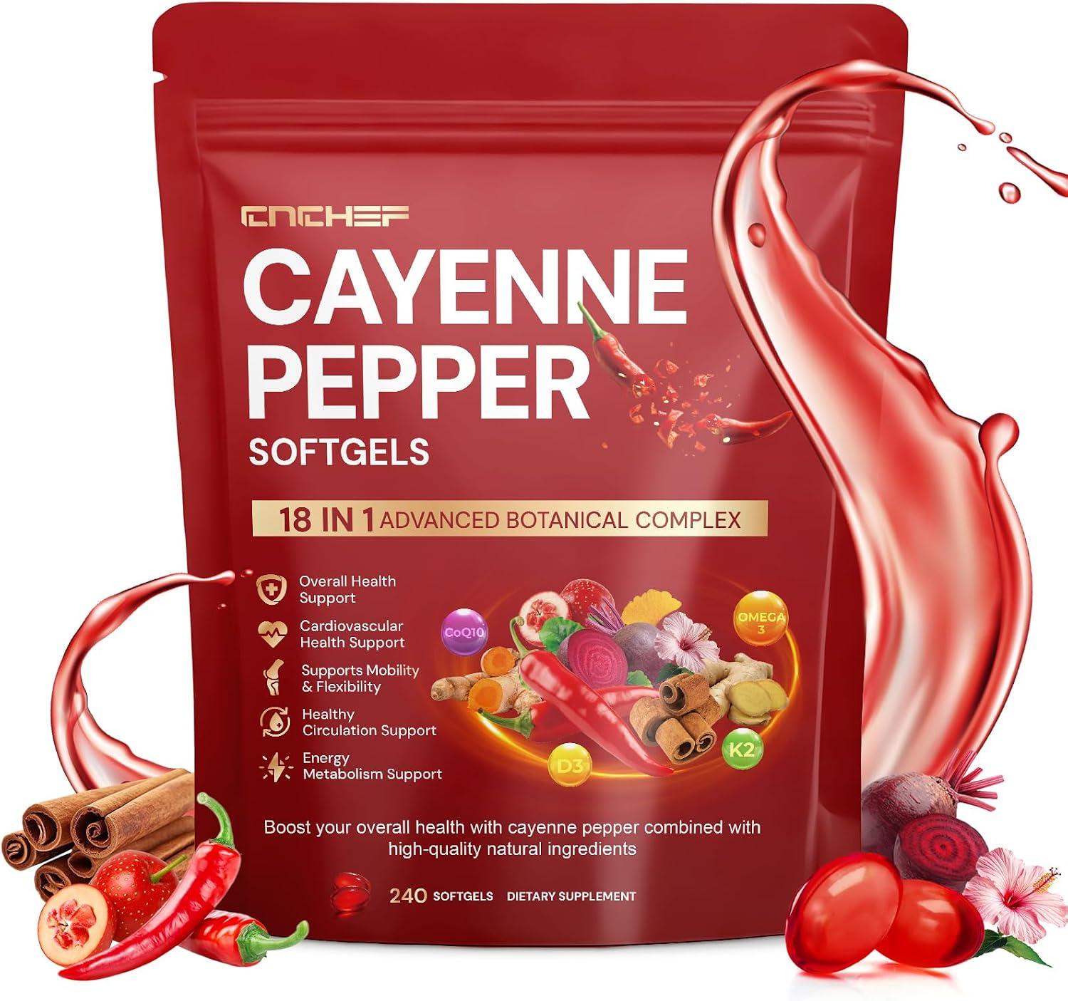 Cayenne Pepper Softgels Supplement, Cayenne Pepper Capsules with VitaminD3+K2,Berberine, CoQ10, Omega-3,