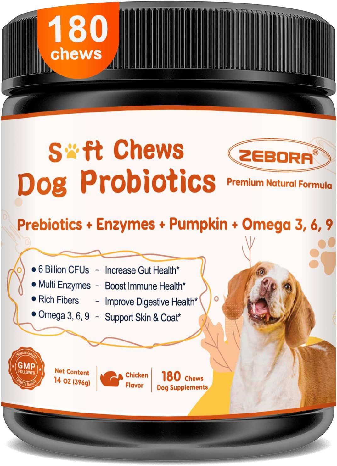 ZEBORA Probiotics for Dogs, Digestive & Itch Relief, 180 Soft Chews