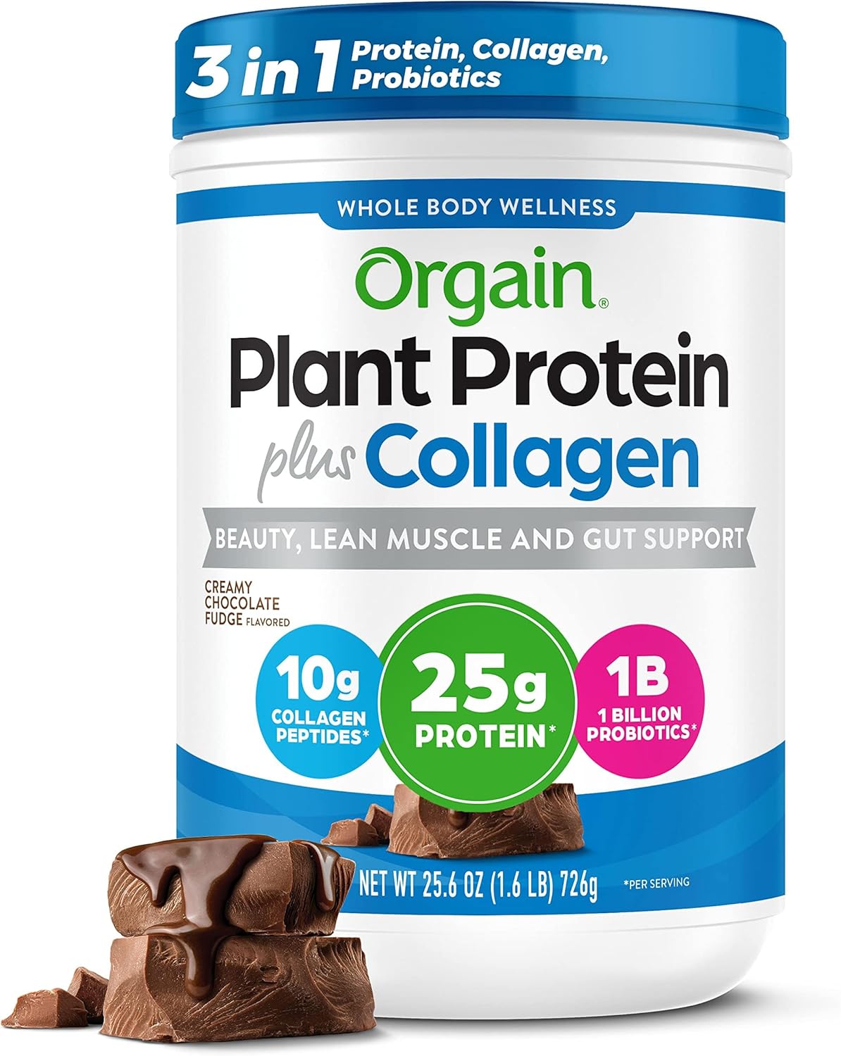 Orgain Organic 25g Protein + 10g Collagen Powder, Chocolate Fudge, 1.6lb