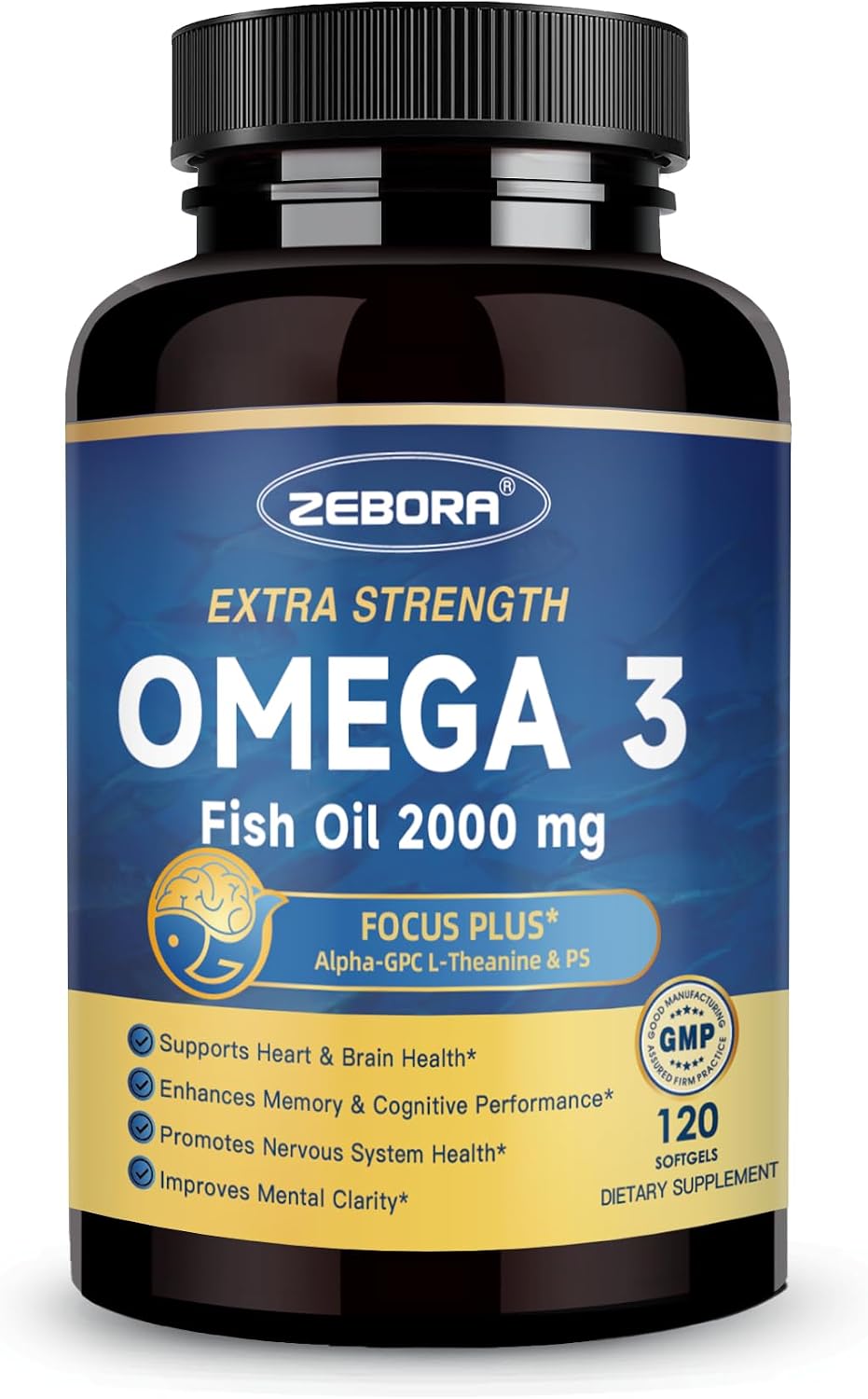 ZEBORA Omega-3 Fish Oil 2000mg with Alpha-GPC & PS, 120 Softgels