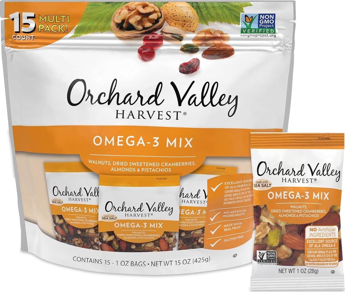 Orchard Valley Harvest Omega-3 Mix, 1 Ounce Bags, Pack of 15