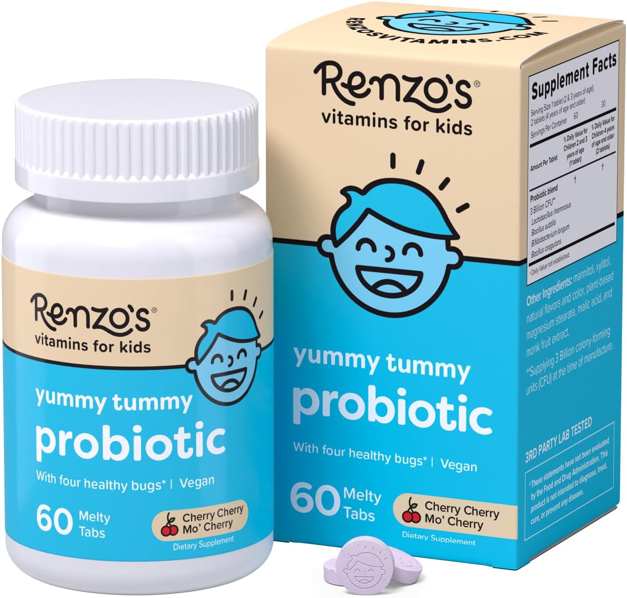 Renzo’s Kids Probiotic, Dissolvable Probiotics for Digestive Health & Immune Support, 60 Cherry-Flavored