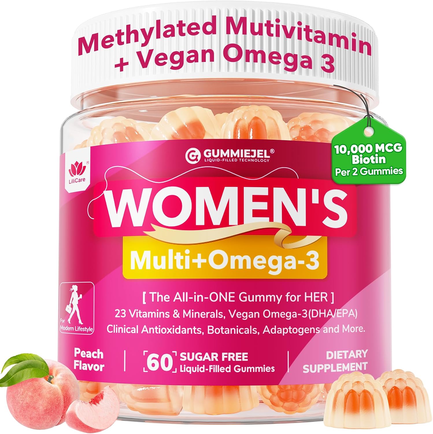 Womens Multivitamin Gummy + Vegan Omega 3 for Hair Skin and Nails, 60 Cts