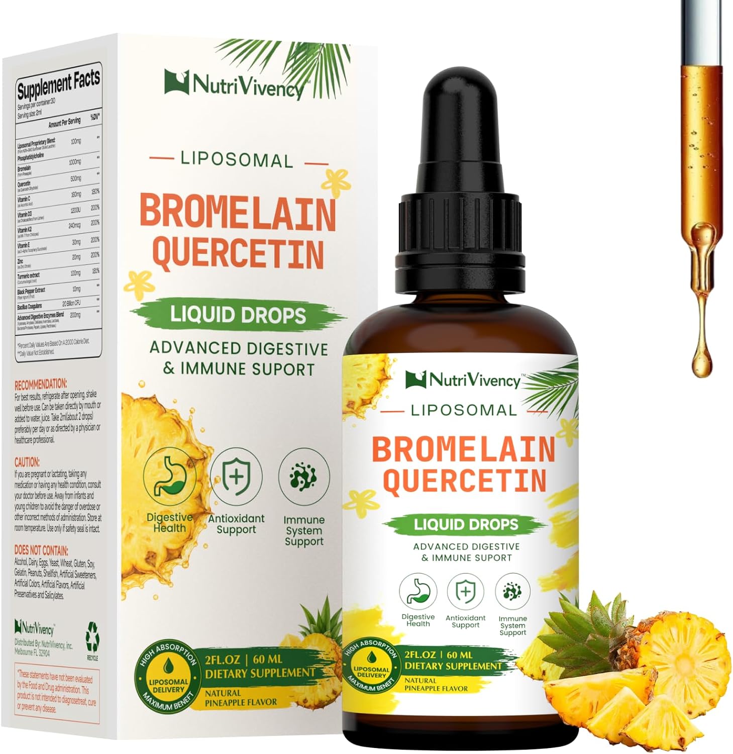Liposomal Bromelain Liquid Drops, 1000mg Bromelain Supplement, 2 Fl Oz