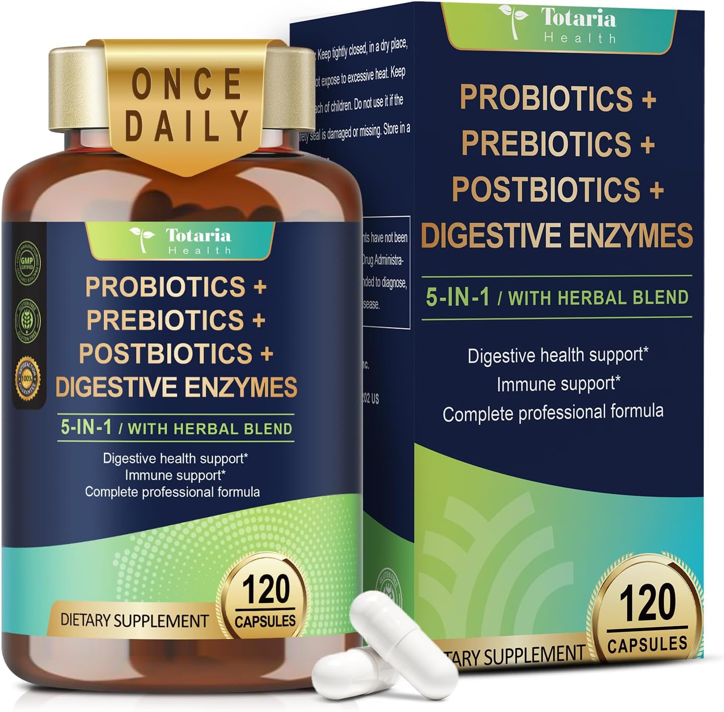 Totaria 5-in-1 60 Billion CFU Probiotic Prebiotic & Postbiotic for Women & Men, w/Digestive