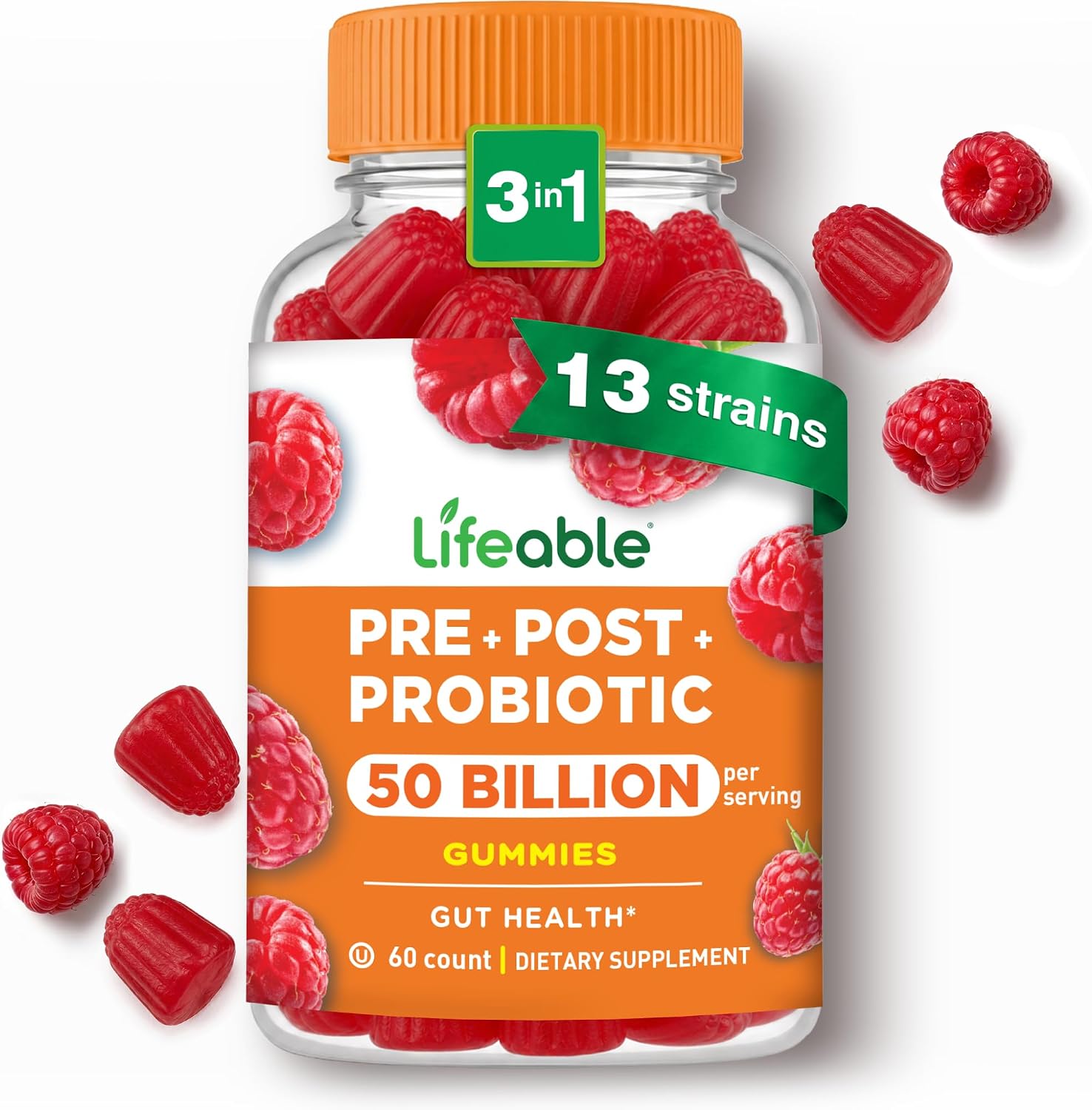 Lifeable Pre Post Probiotic Gummies for Women and Men, 50 Billion, 60ct