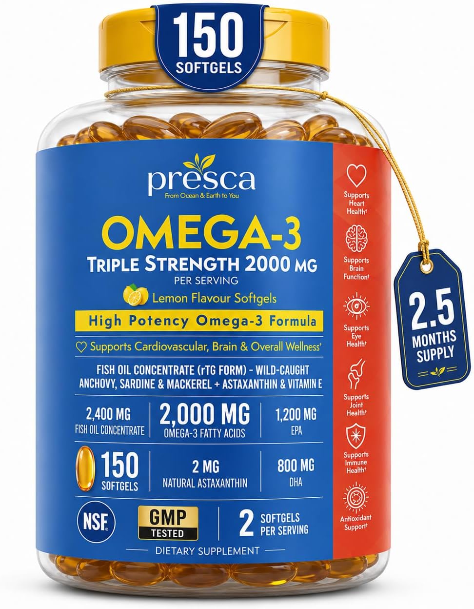 Triple Strength Omega 3 Fish Oil 2400mg w/Astaxanthin 150 Softgels