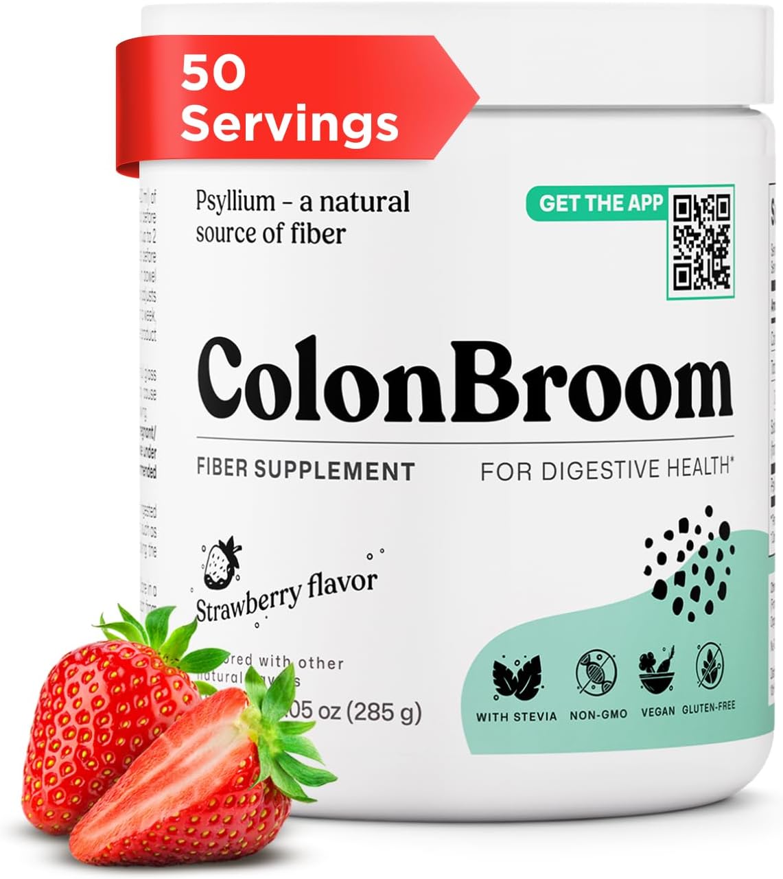 ColonBroom Psyllium Husk Fiber Powder, Strawberry, 50 Servings