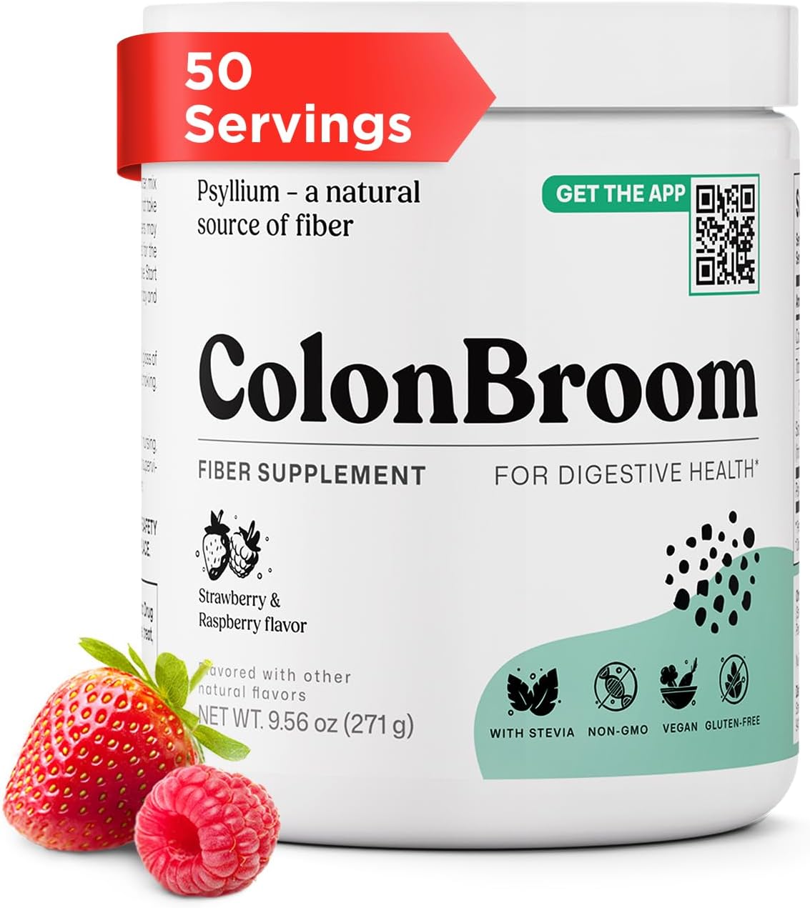 ColonBroom Psyllium Husk Fiber Powder, Strawberry & Raspberry, 50 Servings