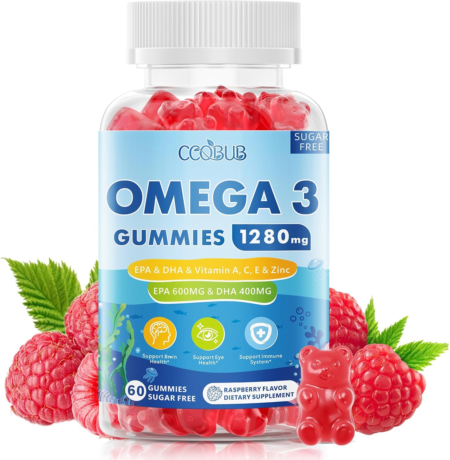 Omega 3 Gummies 1280mg, Omega 3 Supplements for Women, Raspberry, 60 Count