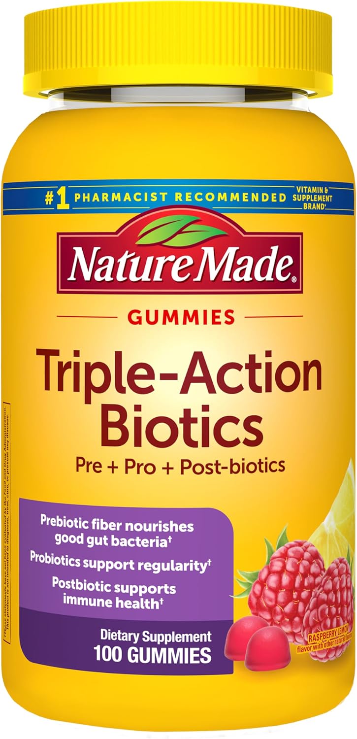 Nature Made Triple-Action Biotics, Prebiotic Fiber Gummies, 100 Gummies