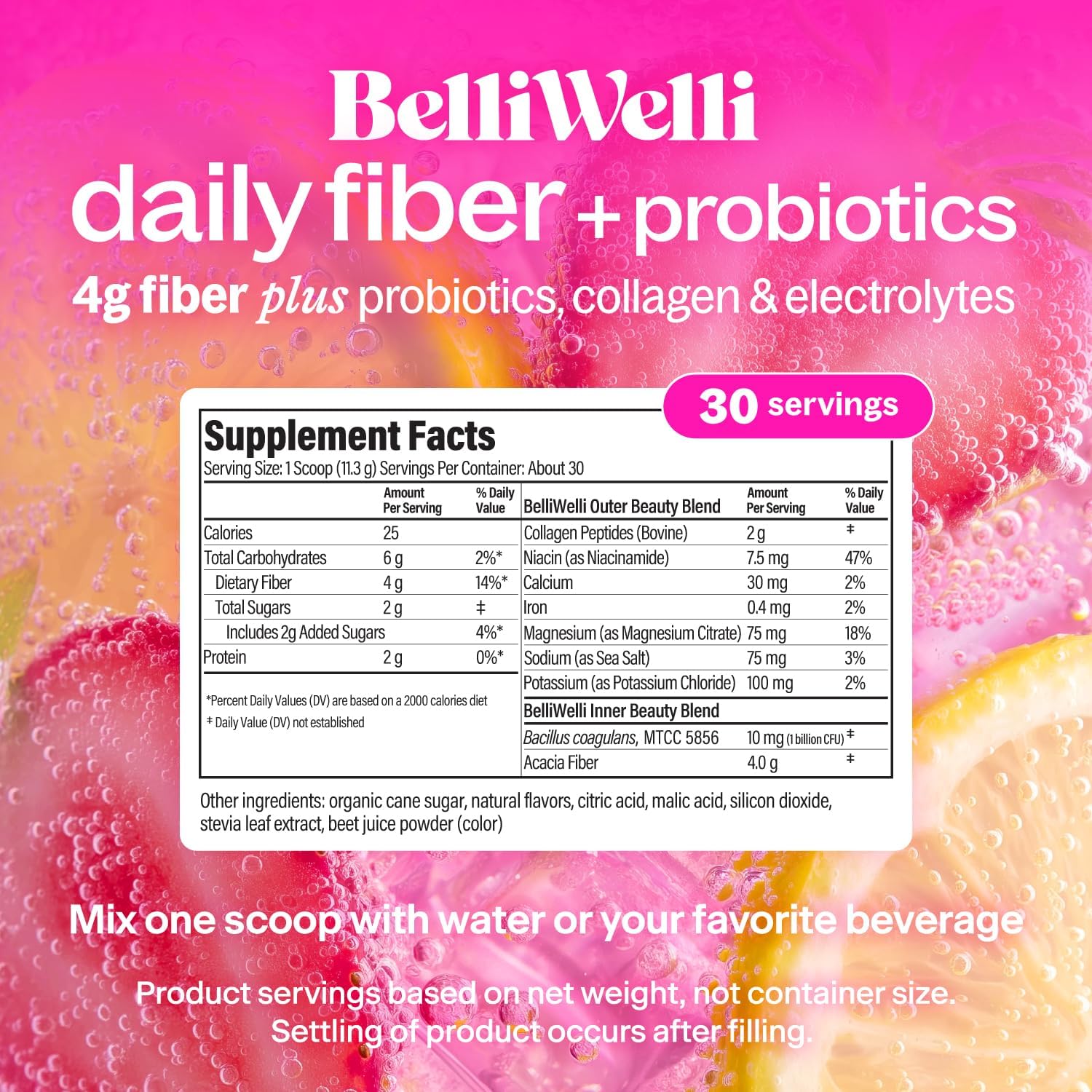 Belli Welli Fiber Supplement Powder with Prebiotics for Digestive Health and GLP-1 Support, Soluble Fiber