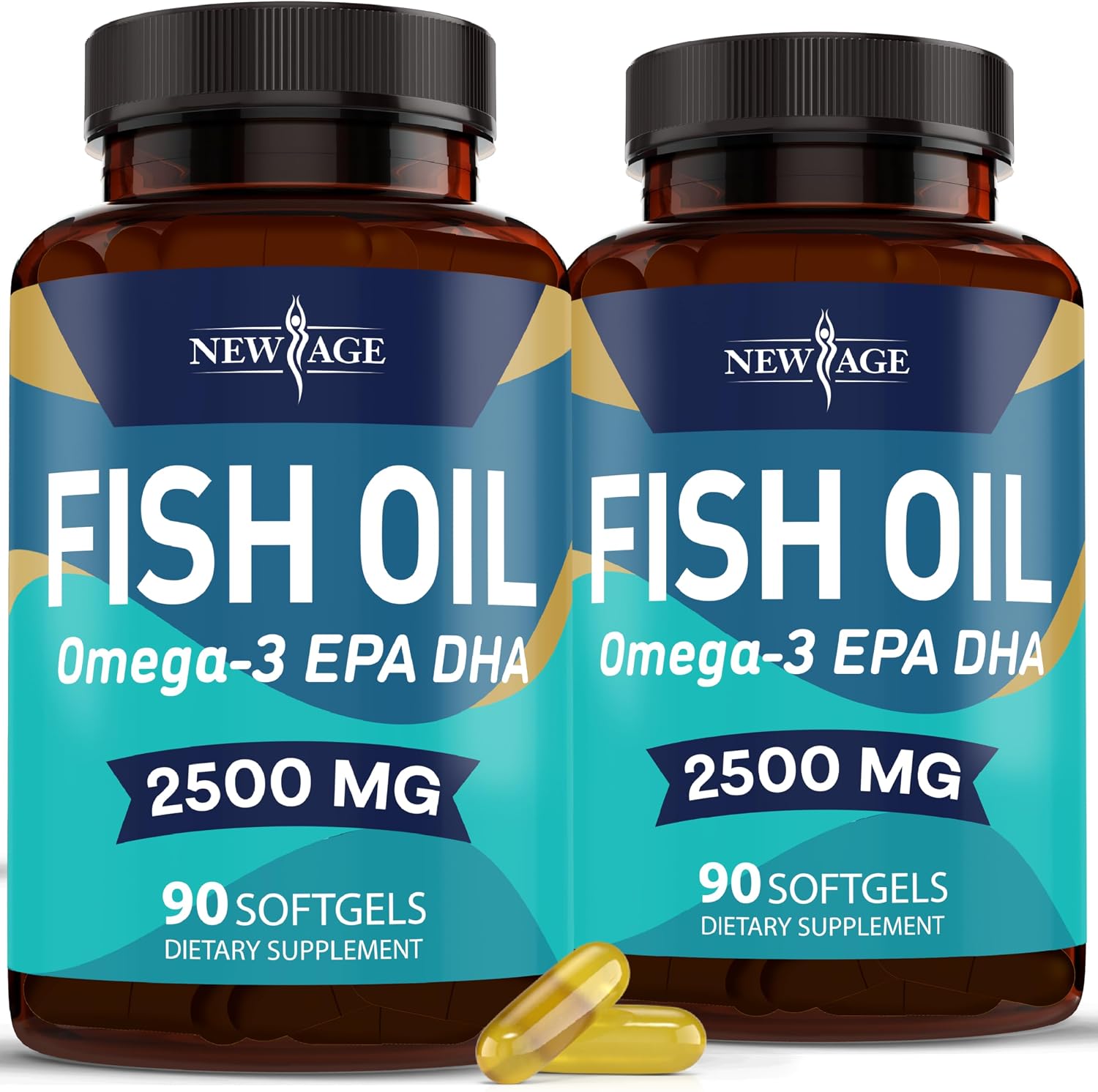 NEW AGE Omega 3 Fish Oil 2500mg Supplement Non GMO – EPA, DHA Fatty Acids Gluten Free (180 Softgels