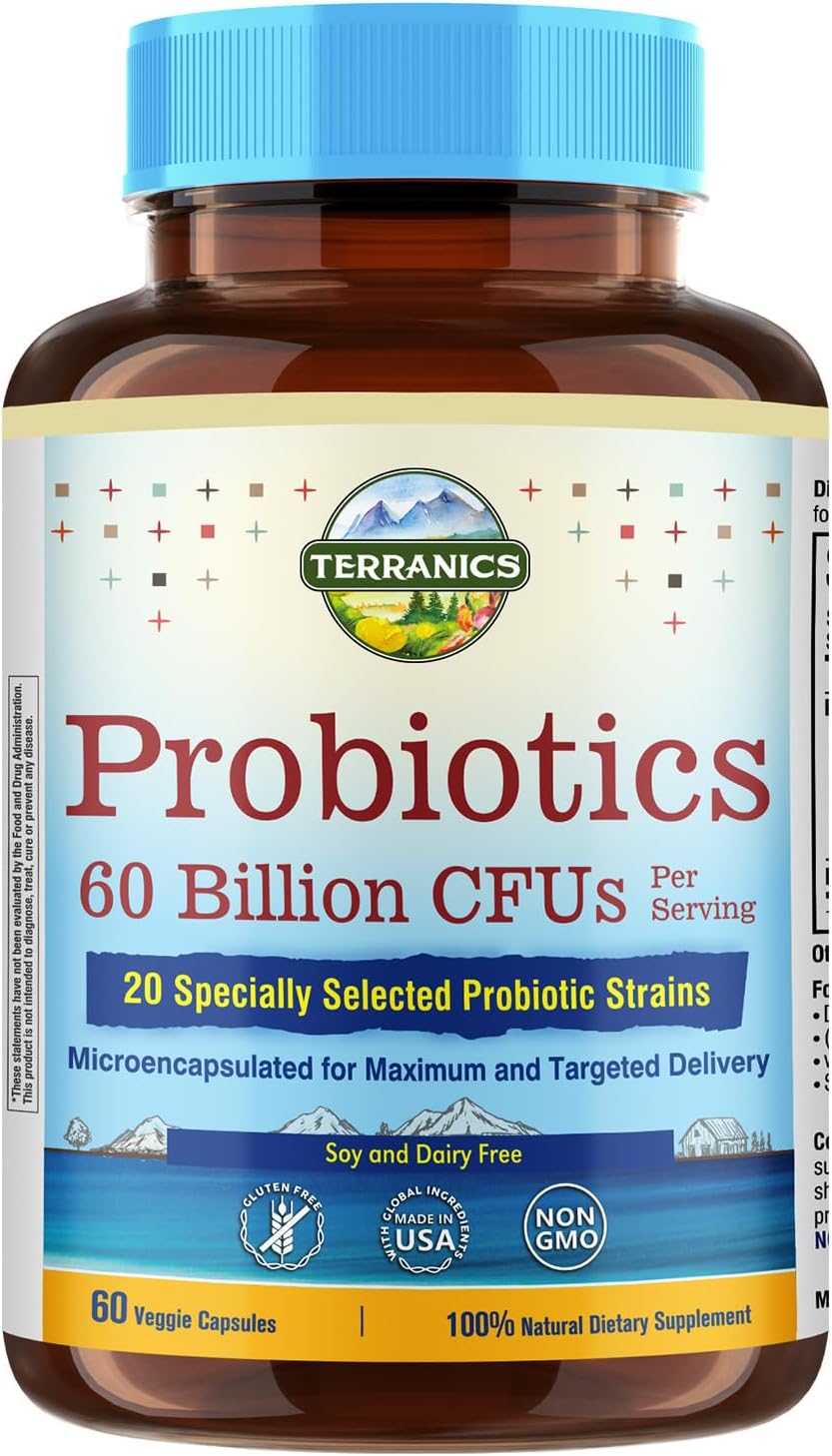 Terranics Probiotics 60 Billion CFU, 20 Strains, 60 Veg Capsules, Prebiotics & Probiotics, Shelf