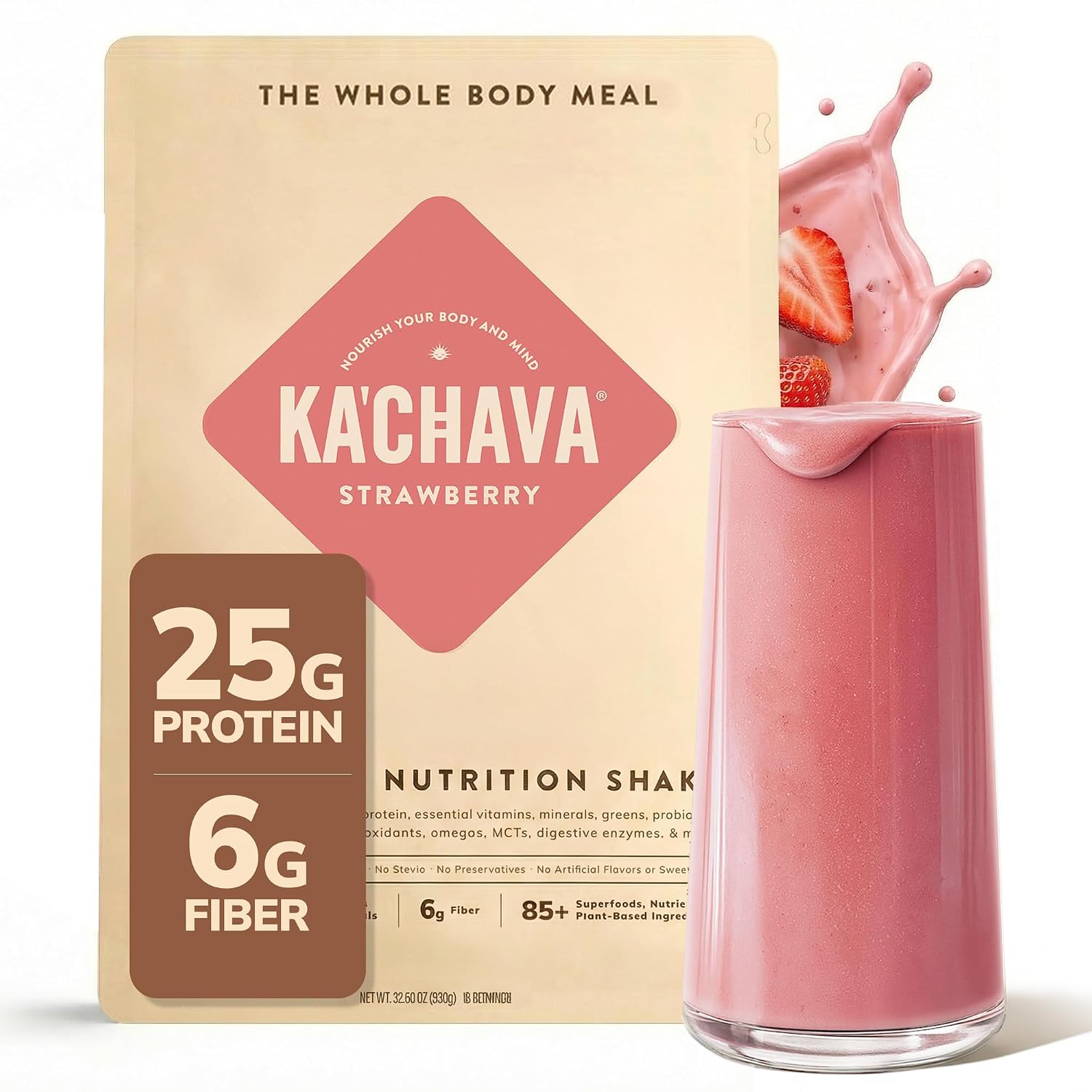 Ka’Chava All-In-One Nutrition Shake Blend, Strawberry, 15 Servings, 85+ Superfoods & Nutrients,