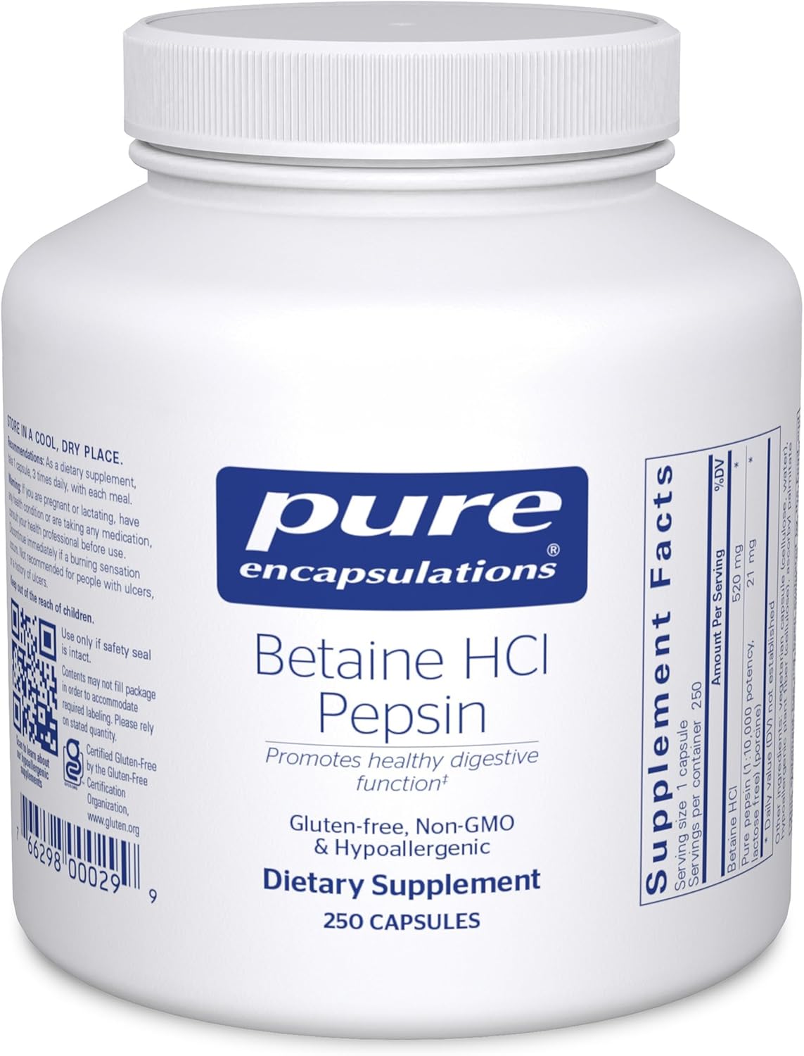 Pure Encapsulations Betaine HCl Pepsin, 250 Capsules