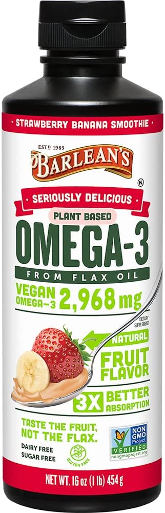 Barlean’s Strawberry Banana Omega 3-6-9 Flaxseed Oil, 2968mg ALA, 16oz