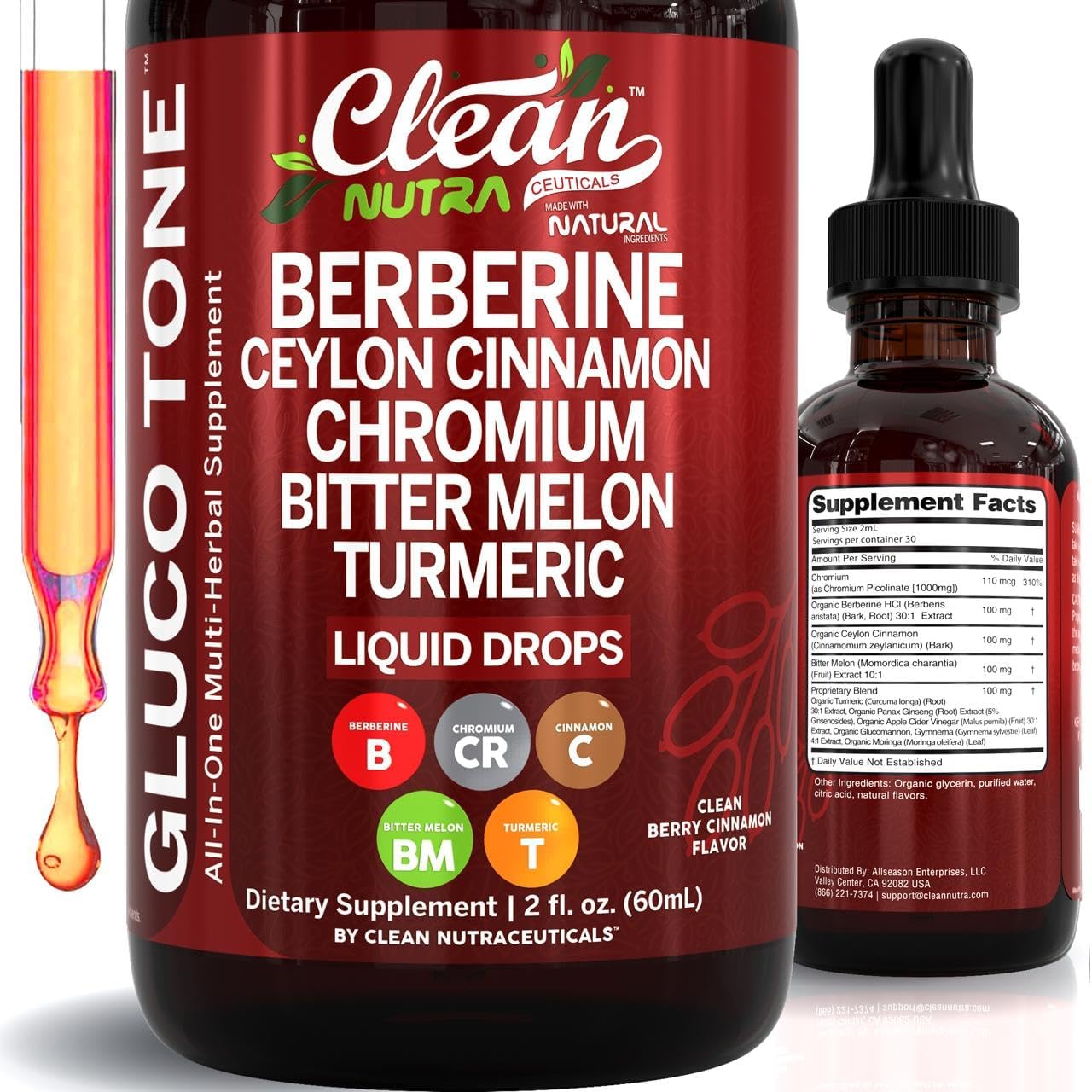 Clean Nutra Berberine with Ceylon Cinnamon Supplement Liquid Drops + Bitter Melon Extract, Glucomannan,