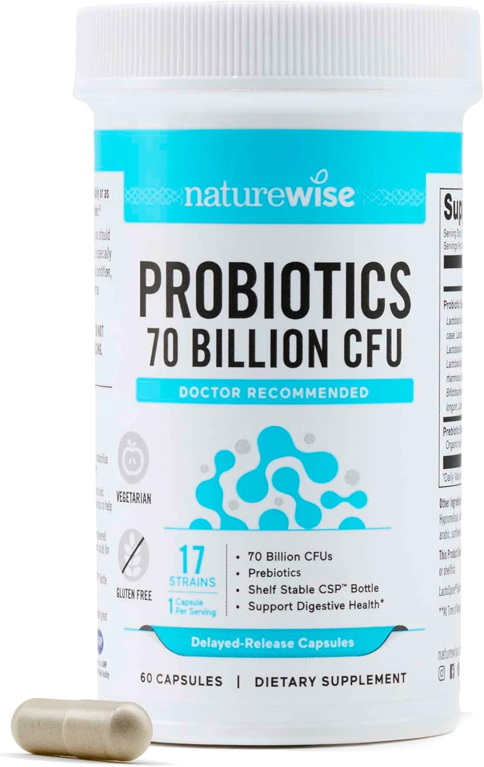 NatureWise Probiotics 70 Billion CFU – 17 Strains + Organic Prebiotics – Immune, Digestive