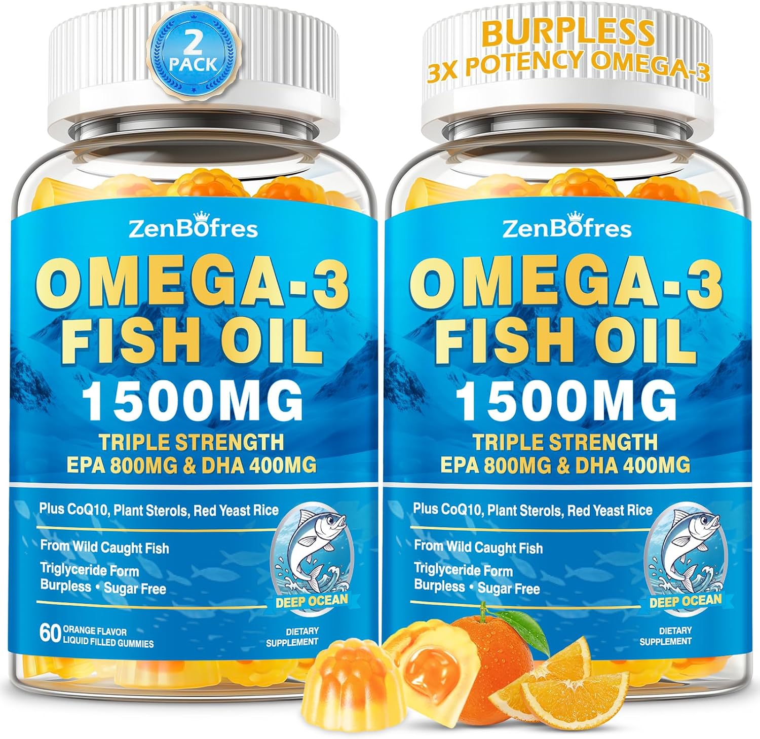 Omega 3 Fish Oil Gummies 1500mg, Triple Strength Omega 3 for Adults with EPA & DHA, CoQ10, Red Yeast