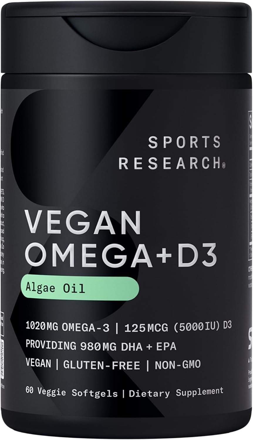 Sports Research® Vegan Omega-3 Algae Oil 1400mg w/Vegan D3 5000iu, 60 Count