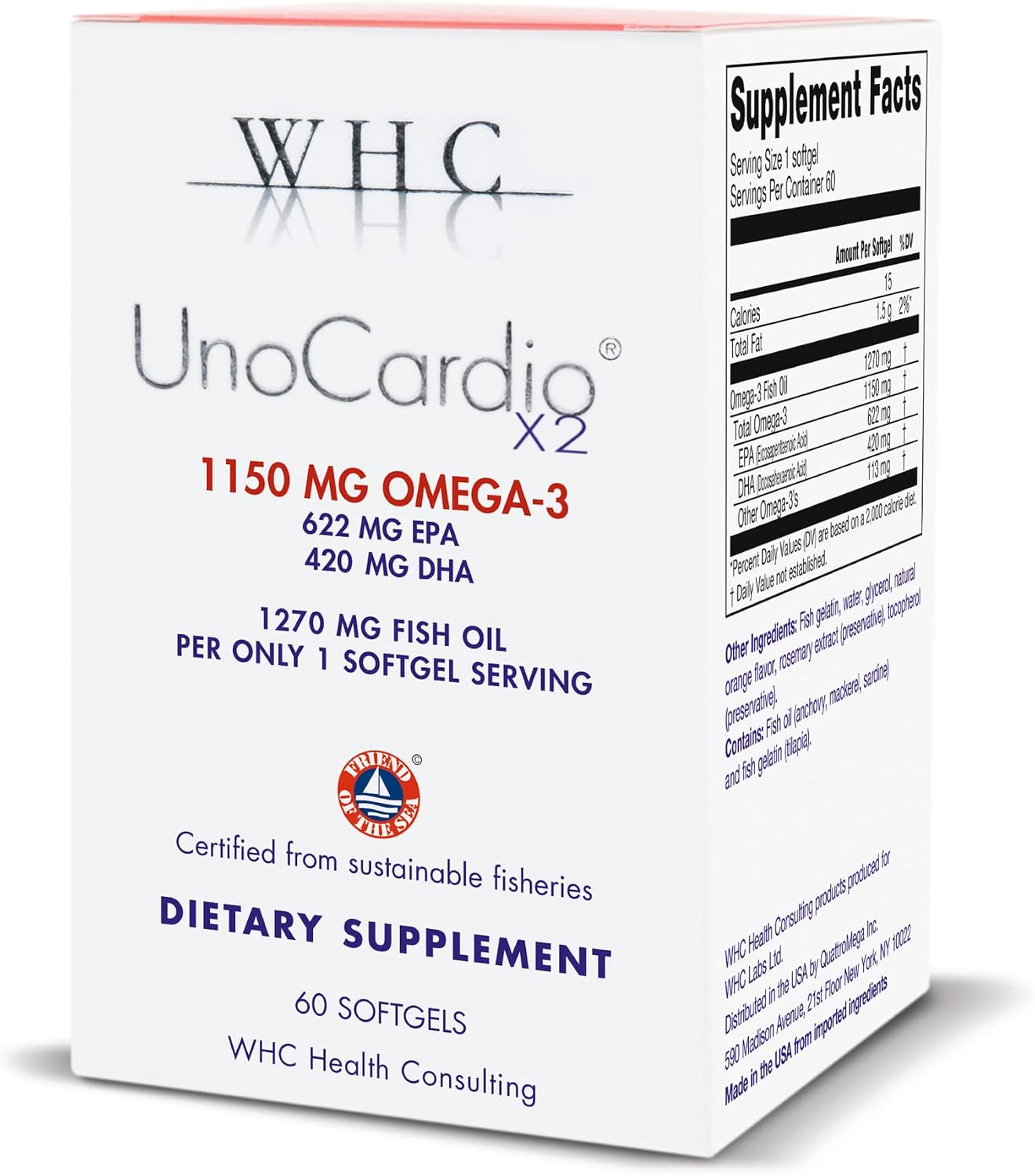 WHC UnoCardio X2 Omega-3 Fish Oil, 1150mg EPA/DHA, 60 Softgels