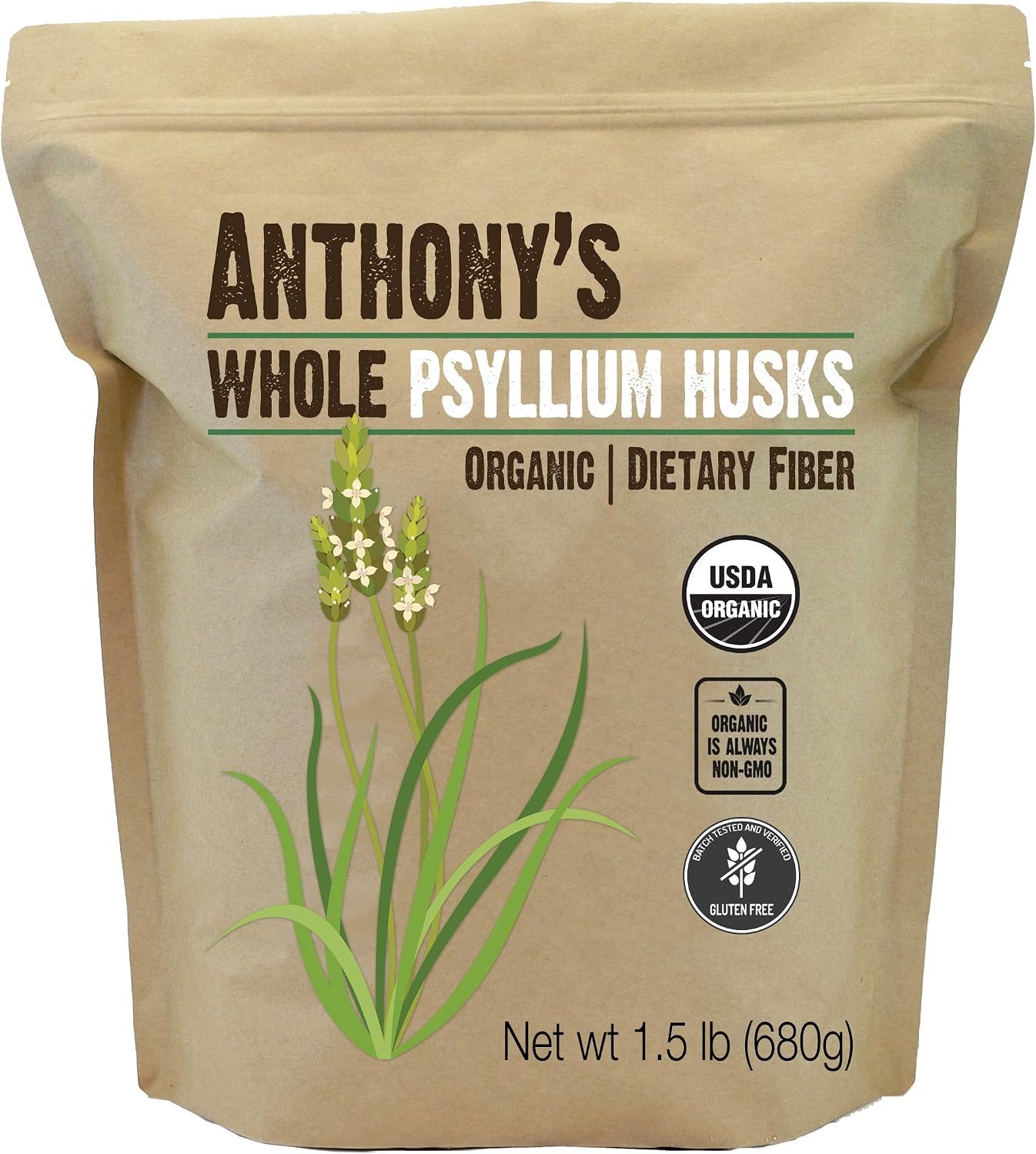 Anthony’s Organic Whole Psyllium Husks, 1.5 lb, Dietary Fiber, Gluten Free, Non GMO, Keto Friendly