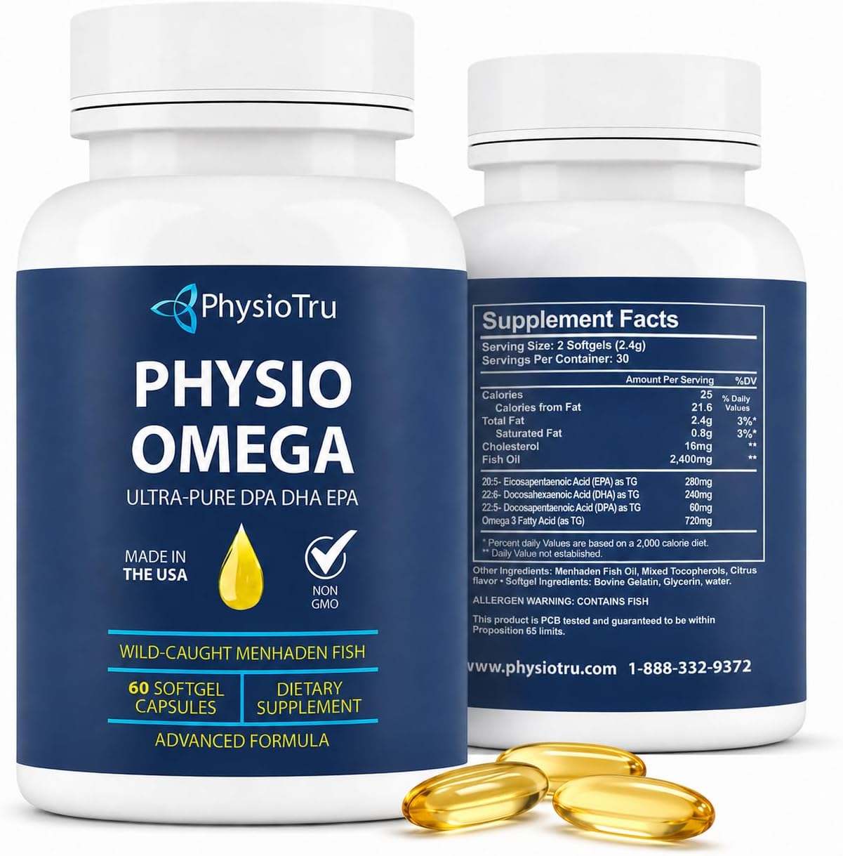 PhysioTru Physio Omega Fish Oil, EPA, DHA & DPA, Triglyceride Form, 1-Pack