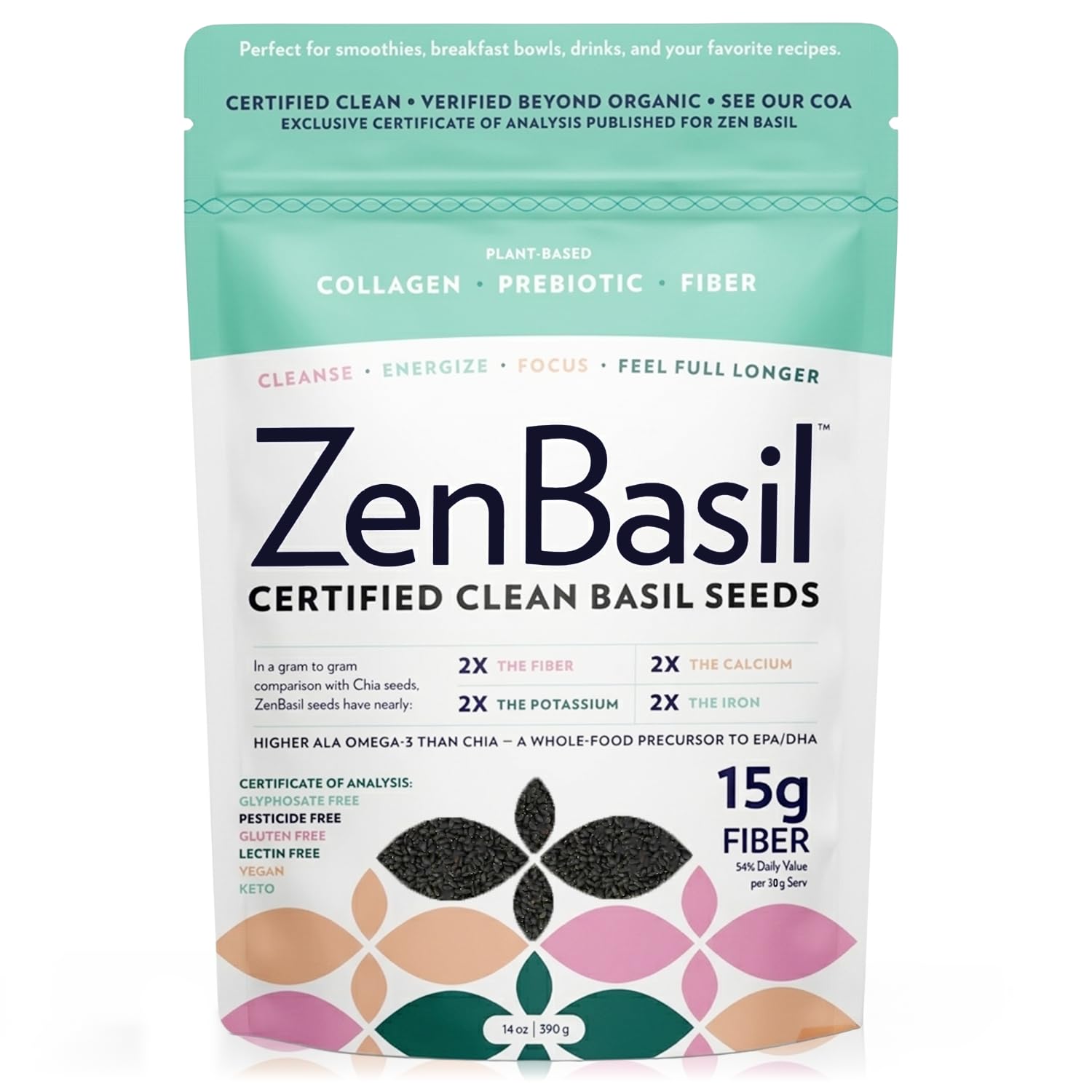 Zen Basil Seeds | edible basil seeds, kosher, non-gmo, lectin free, gluten free, plant based, keto, paleo,