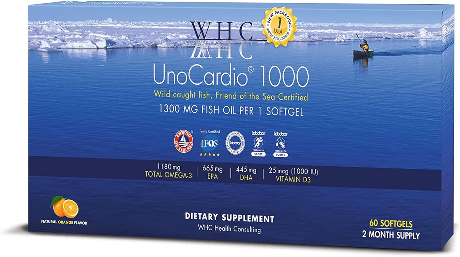 WHC UnoCardio 1000 Omega-3 Fish Oil, 1180mg EPA/DHA + D3, 60 Ct