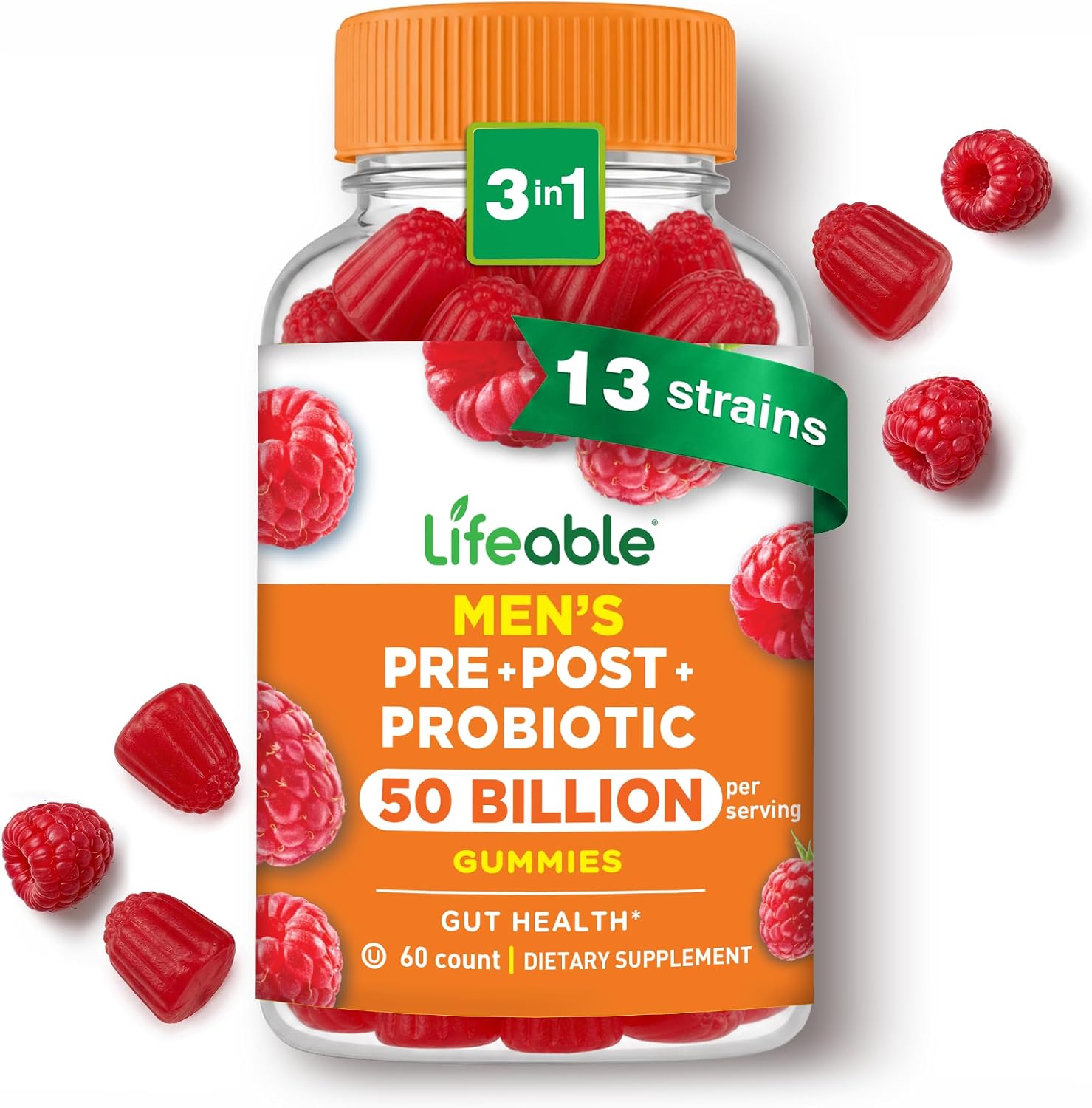 Lifeable Pre Post Probiotic Gummies for Men, 50 Billion 13 Strains, 60ct