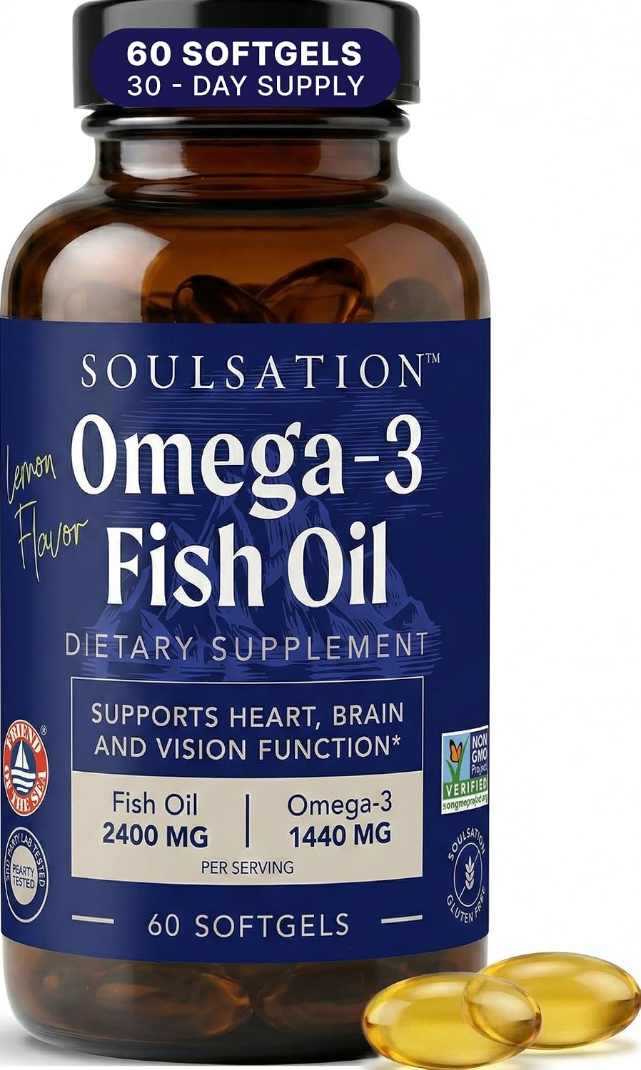 SOULSATION Fish Oil Softgels, Natural Lemon Flavor – Extra Large Serving – 2400mg –