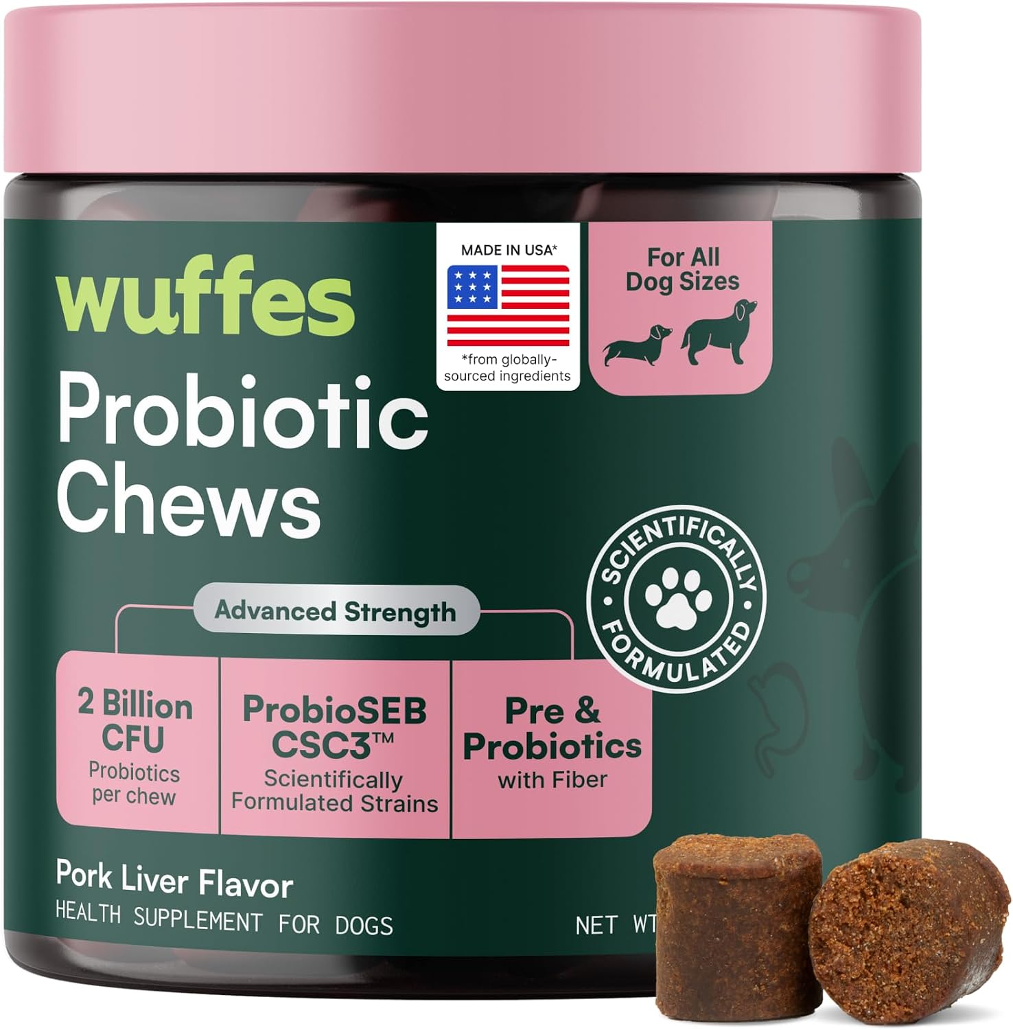Wuffes Probiotics for Dogs, Digestive & Gut Health Soft Chews. Probiotic Chews with Prebiotics &