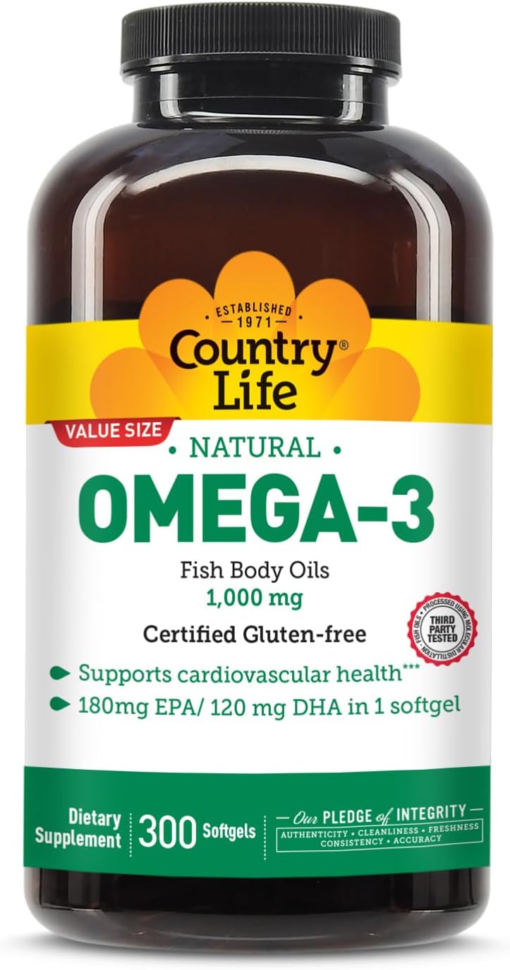 Country Life Omega-3 Fish Oil 1,000 mg, 180 mg EPA/120 mg DHA, 300 Softgels