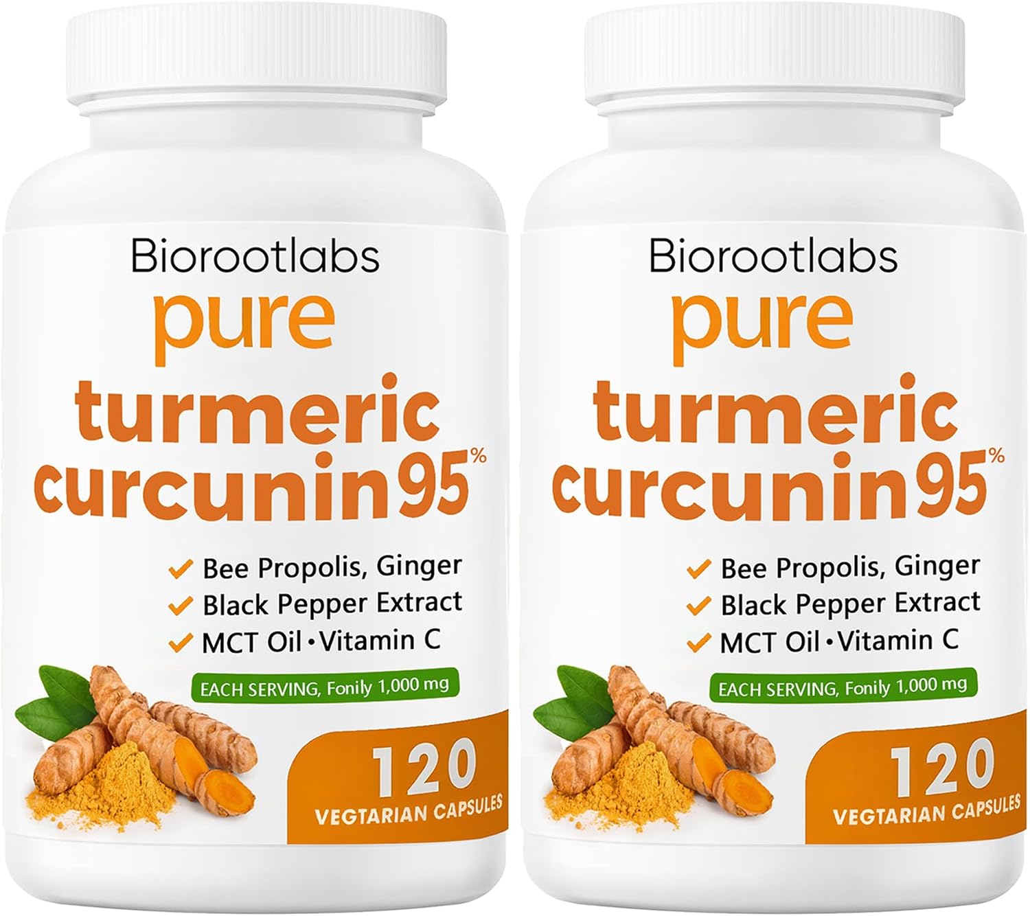 Biorootlabs Turmeric Curcumin Supplement 1000mg – 95% Curcuminoids with Ginger, Bee Propolis, Black