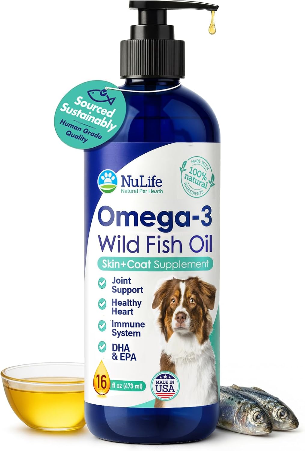 Liquid Fish Oil for Dogs with Omega 3, 6 & 9 Fatty Acids, Wild Caught from Iceland, Skin and Coat